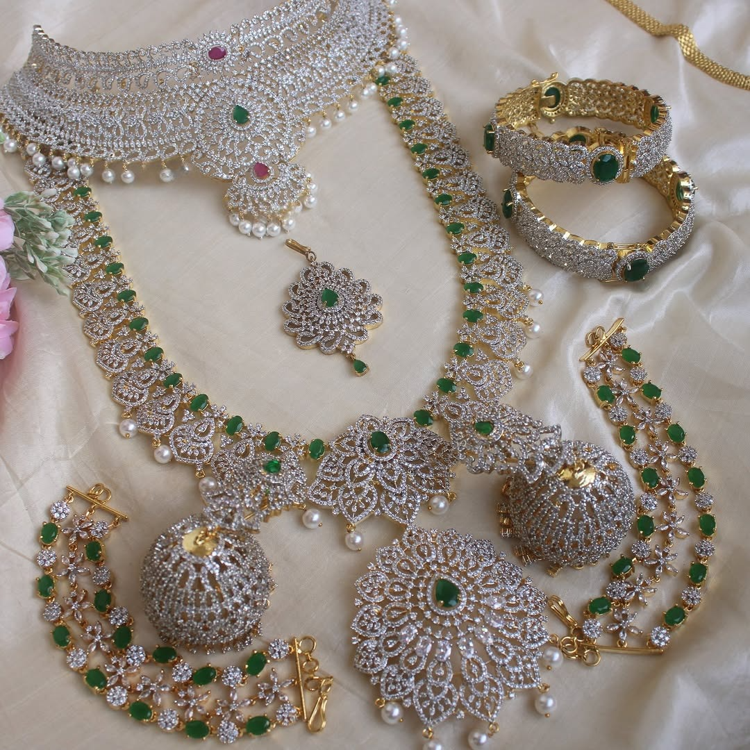 American Diamond Neckpiece-Green With Kanga Jumka