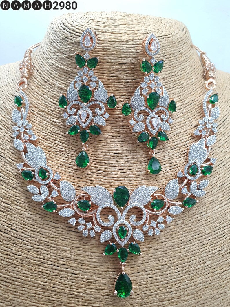 American DIAMOND White stone NECKLACE With Earring COMBO Set Cz Designer