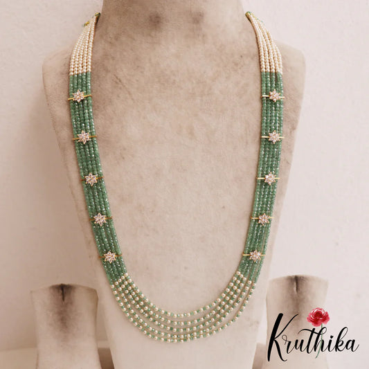 Sparkling Multi Layered crystal & Pearl statement Haaram with floral accents