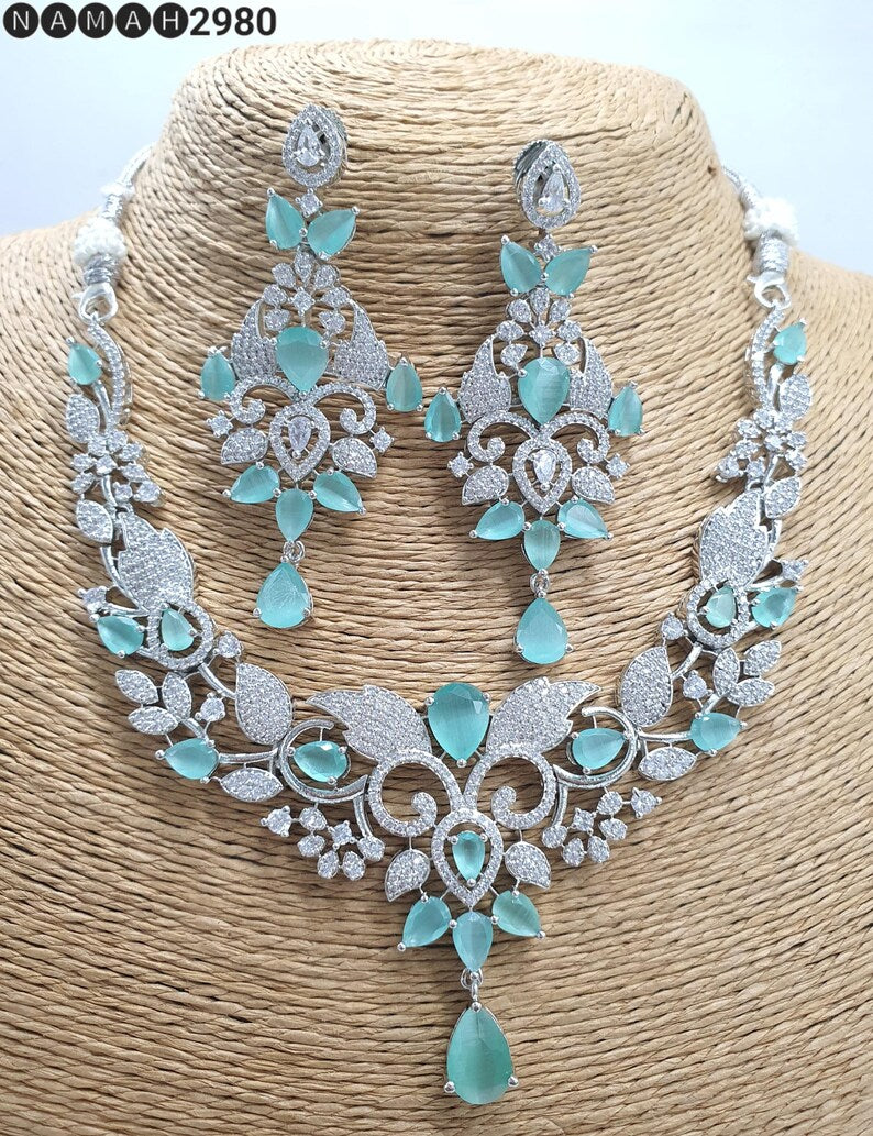 American DIAMOND White stone NECKLACE With Earring COMBO Set Cz Designer