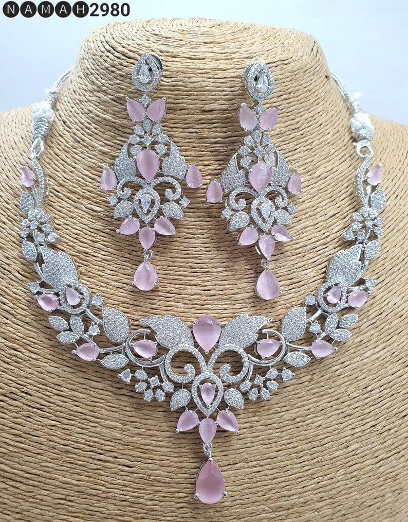 American DIAMOND White stone NECKLACE With Earring COMBO Set Cz Designer