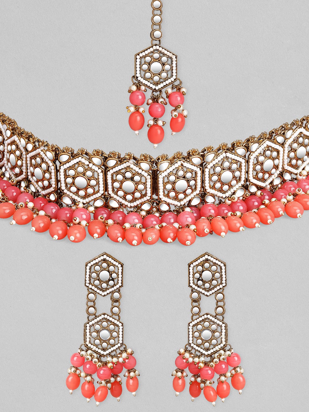 Gold Plated Handcrafted Mirror Pink Beaded Necklace Set